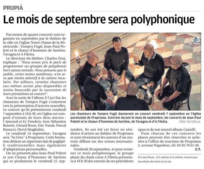 Septembre : Concerts en l'église de Propriano Septembre : Concerts en l'église de Propriano