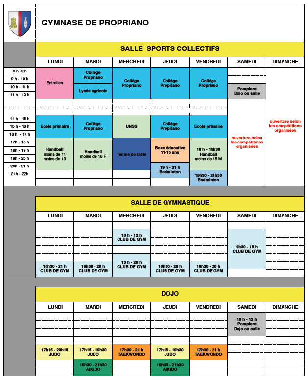 Planning des entrainements au gymnase de Propriano