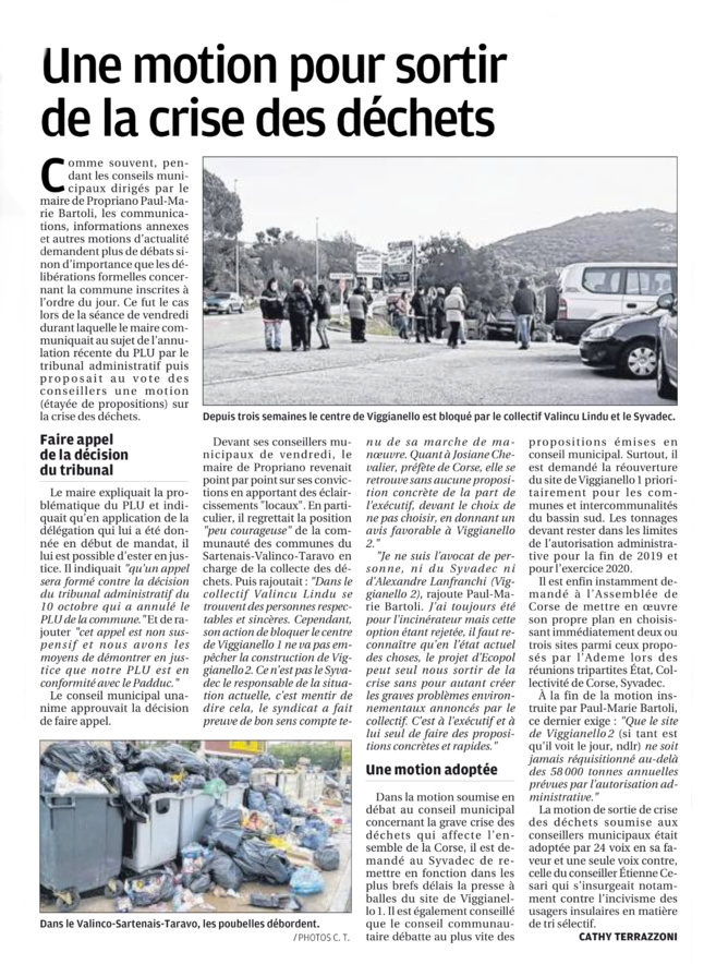 Crise des déchets : la motion du conseil municipal de Propriano Crise des déchets : la motion du conseil municipal de Propriano