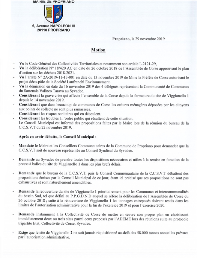 Crise des déchets : la motion du conseil municipal de Propriano Crise des déchets : la motion du conseil municipal de Propriano