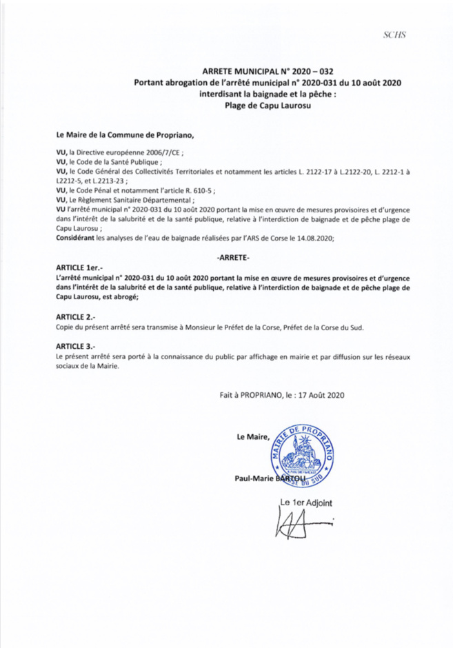 Levée de l’interdiction provisoire de baignade et de pêche à Capu Lauroso Levée de l’interdiction provisoire de baignade et de pêche à Capu Lauroso