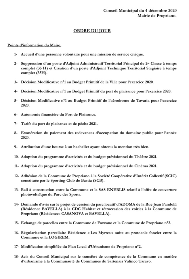 Réunion du conseil municipal du 4 décembre 2020 Réunion du conseil municipal du 4 décembre 2020