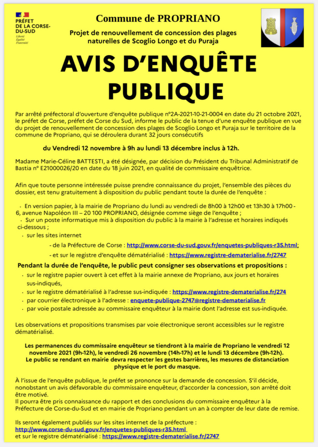 Enquête publique : Renouvellement de la concession des plages naturelles de Puraja et Scoglio Longo Enquête publique : Renouvellement de la concession des plages naturelles de Puraja et Scoglio Longo