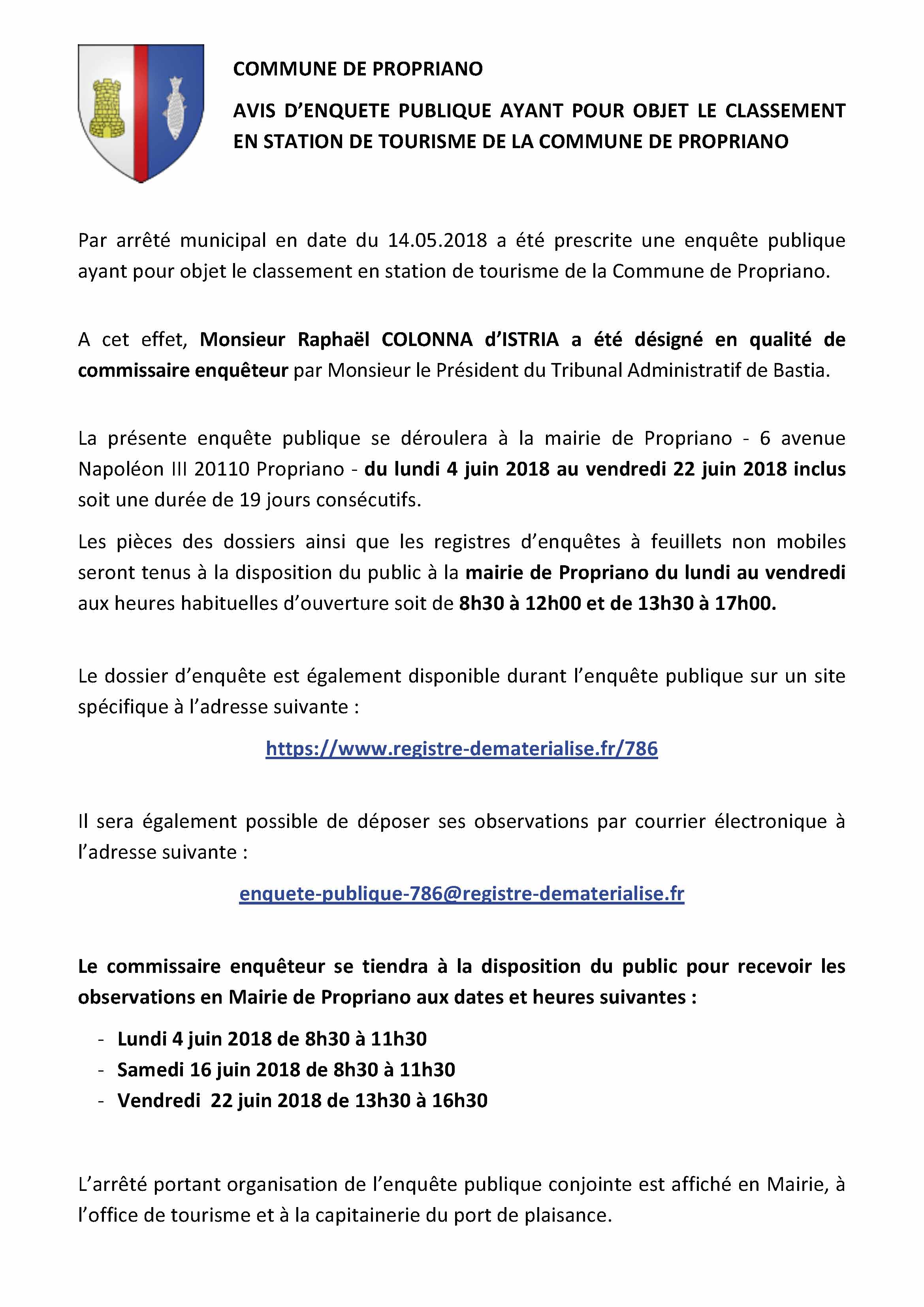 Enquête publique : classement en Station de Tourisme de la commune Enquête publique : classement en Station de Tourisme de la commune