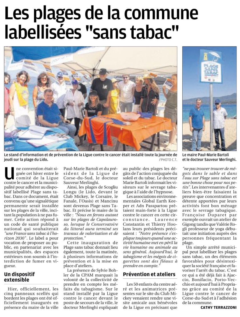 Les plages de Propriano labellisées "sans tabac" Les plages de Propriano labellisées "sans tabac"