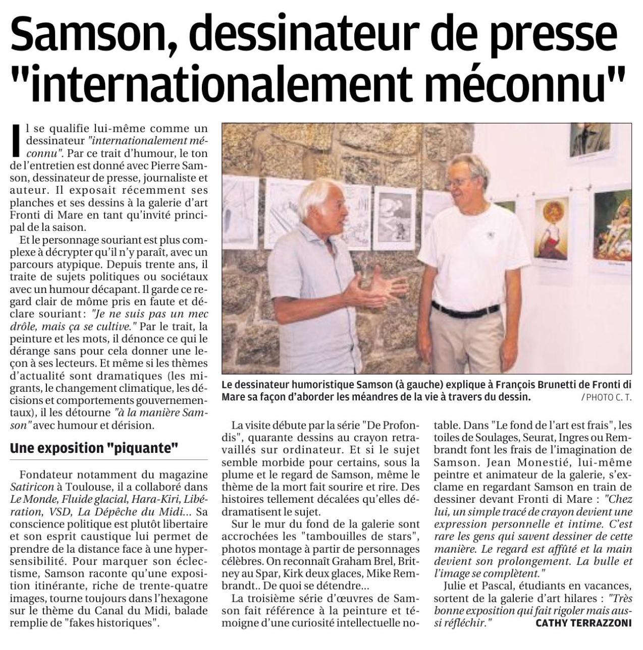 Article Corse-Matin paru à l'occasion de l'exposition de Samson à la galerie Fronti di Mare à Propriano