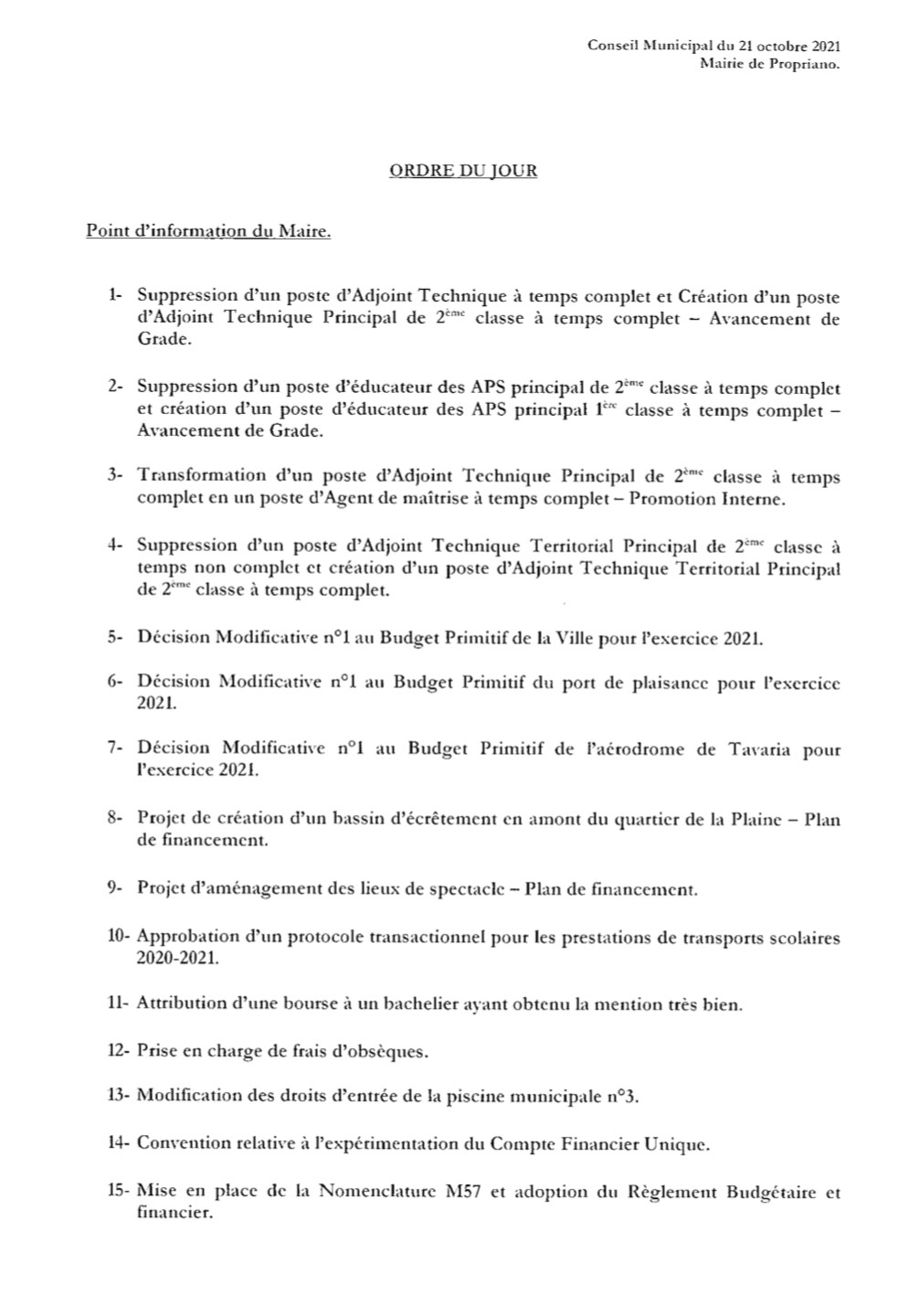 Réunion du conseil municipal le 21 octobre 2021
